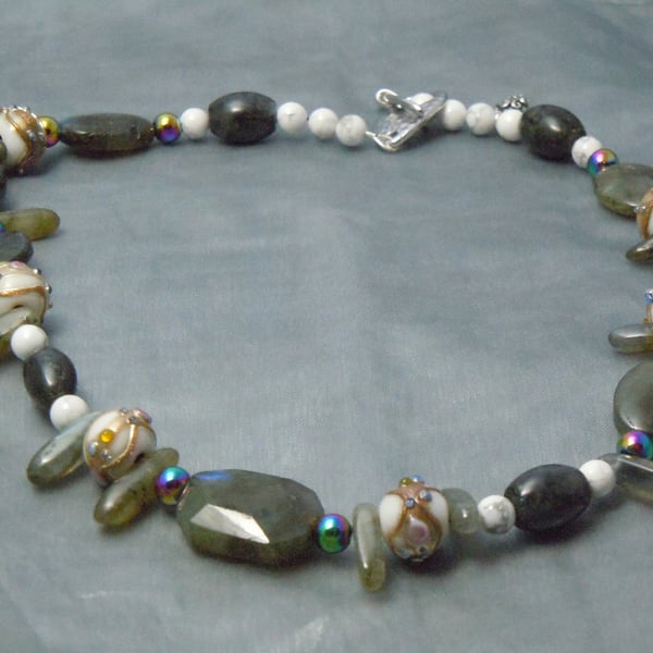 Labradorite, Hematite & Howlite bead necklace with artisan Lampwork beads