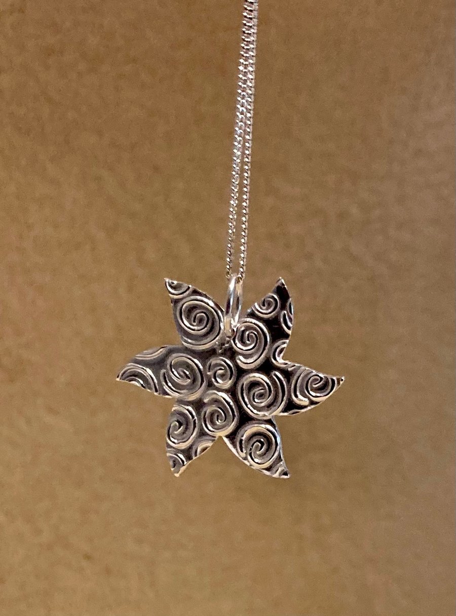 Star necklace with spiral pattern, pure silver 