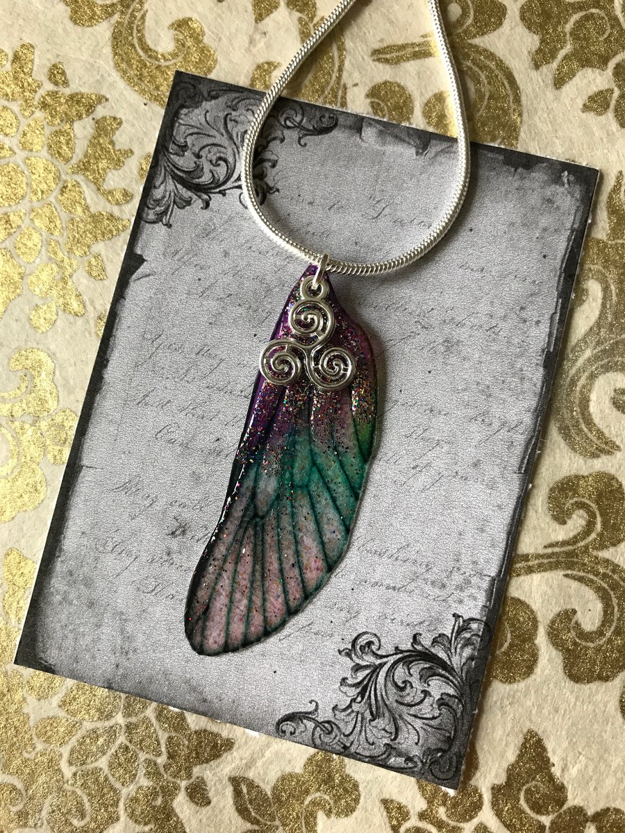 Purple and Green Glitter Triskelion Sterling Silver Fairy Wing Necklace Pendant