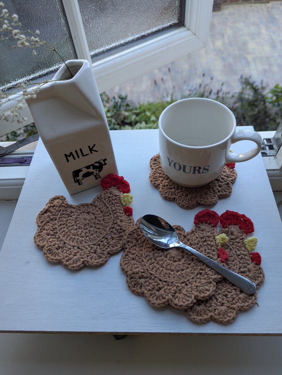 Crochet Chicken Coasters - Light Brown 