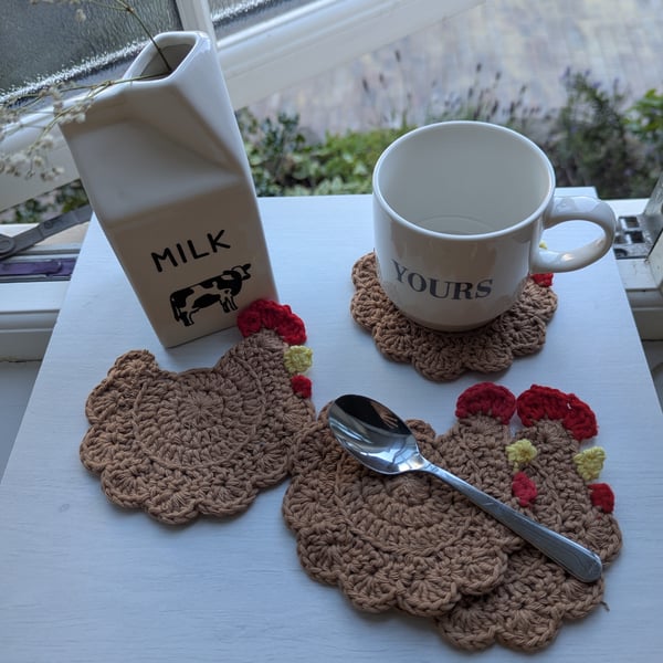 Crochet Chicken Coasters - Light Brown 