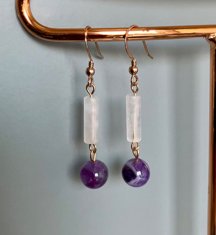 Handmade Rose Quartz & Chevron Amethyst Drop Earrings in Rose Gold Vermeil