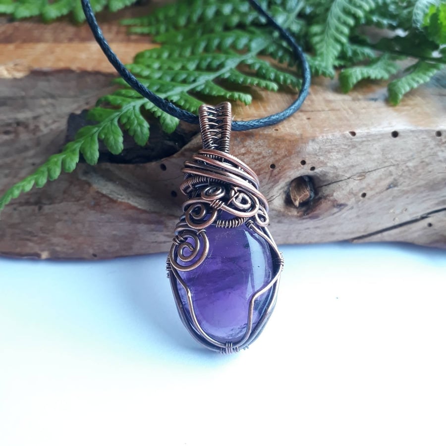 Amethyst Copper Pendant, Wire Wrapped Necklace, Unique Gifts for Women and Men