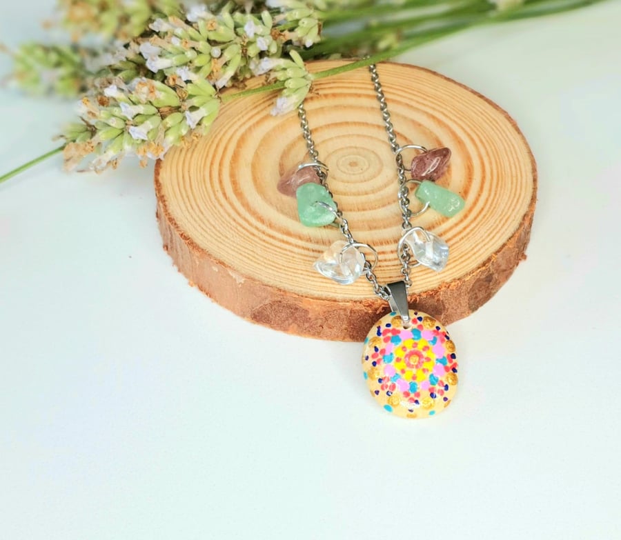 One-of-a-Kind Handpainted Mandala Stone and Crystal Necklace