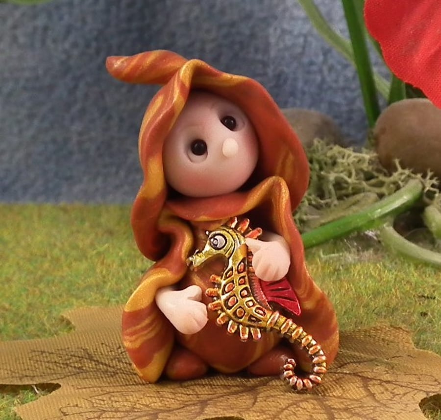 Summer Special ... Tiny Magical Gnome 'Ochre' with metallic seahorse OOAK Sculpt