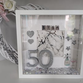 Personalised Box Frame, 50th, Birthday, Silver, Glitter, Handmade, Unique, 