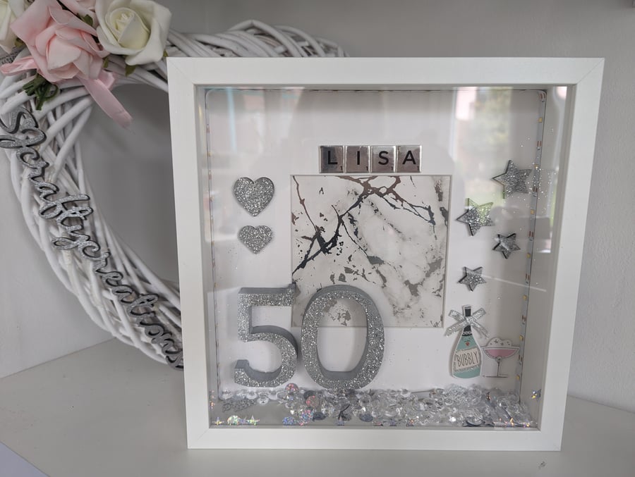Personalised Box Frame, 50th, Birthday, Silver, Glitter, Handmade, Unique, 