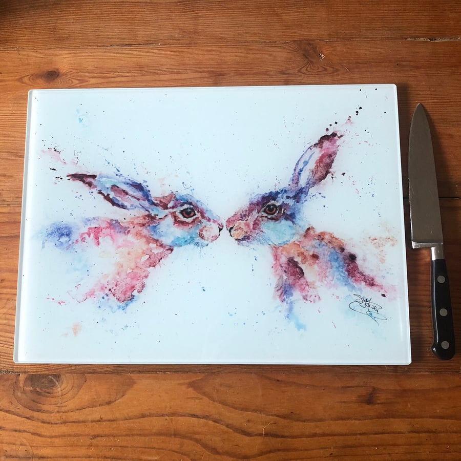 Kissing Hares Glass Chopping Board, Kitchen Worktop Saver, Table Mat, Cutting Ma