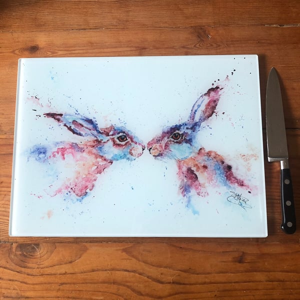 Kissing Hares Glass Chopping Board, Kitchen Worktop Saver, Table Mat, Cutting Ma