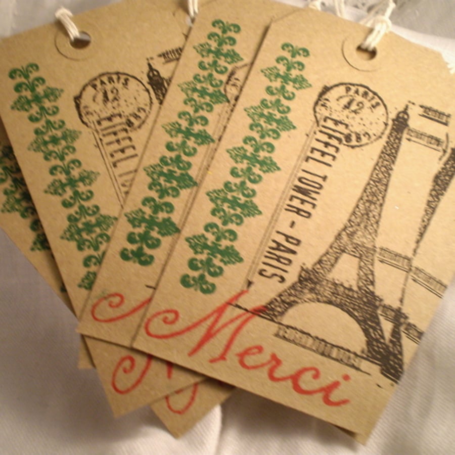 Handstamped  Merci Shabby Chic Gift Tags x 6