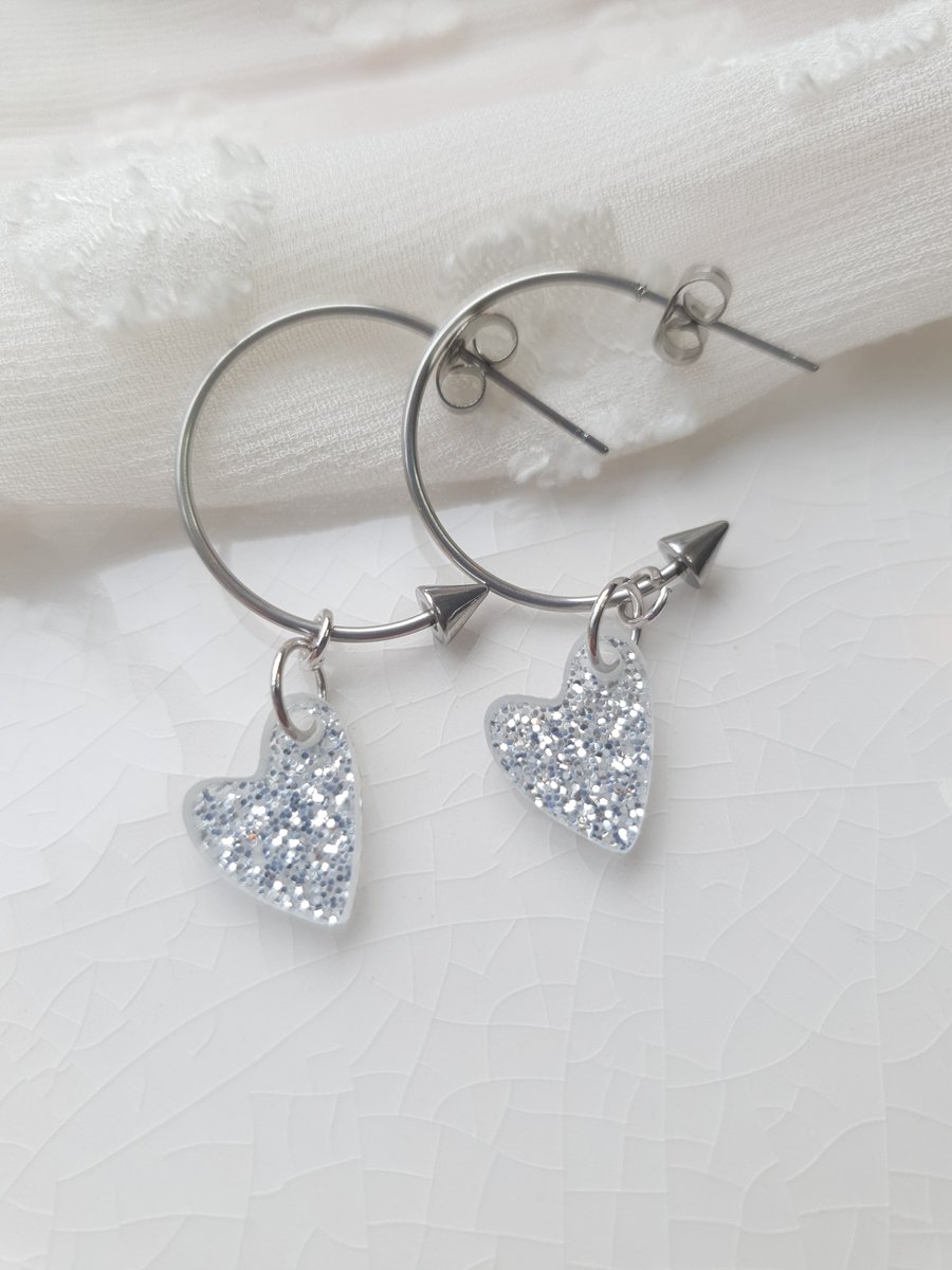 Silver Glitter Encrusted Resin Heart Hoop Earrings - Cupids Arrow