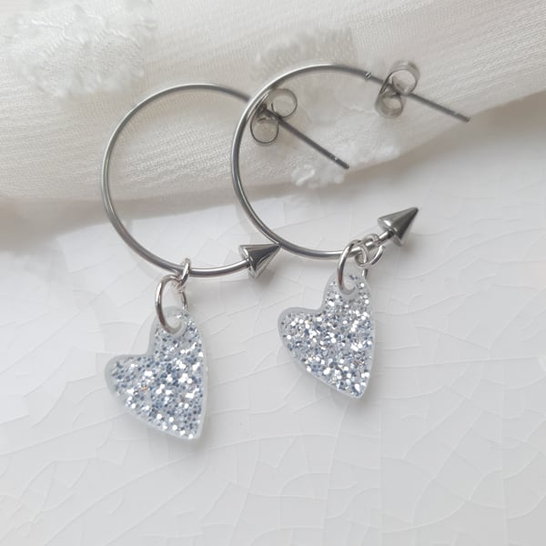 Silver Glitter Encrusted Resin Heart Hoop Earrings - Cupids Arrow