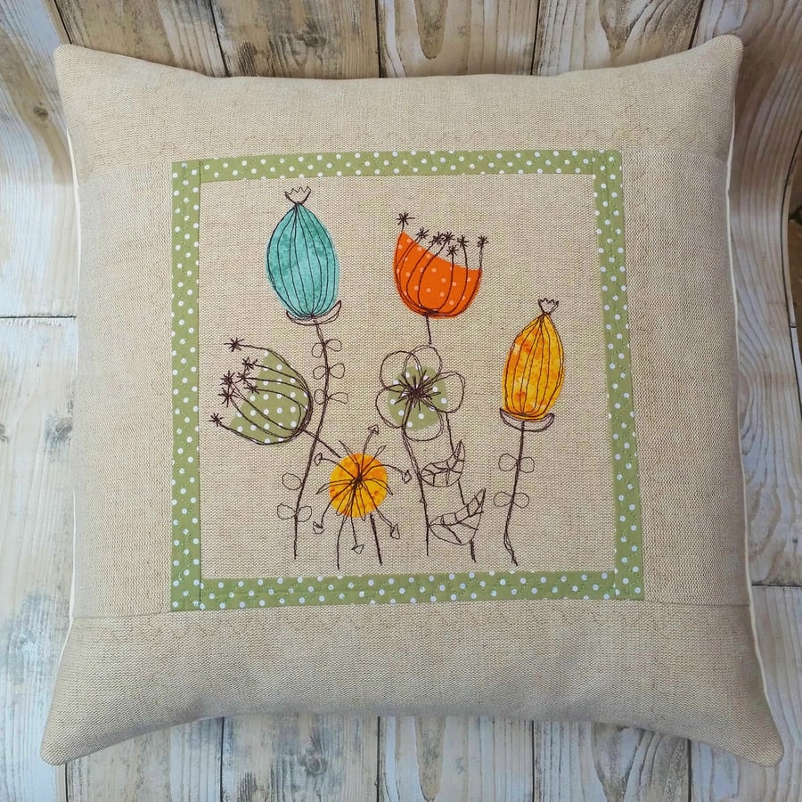 Applique Embroidered Linen Cushion
