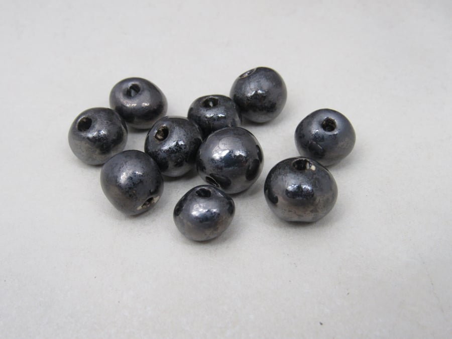 10 Small Metallic Silver Glazed Clay Beads