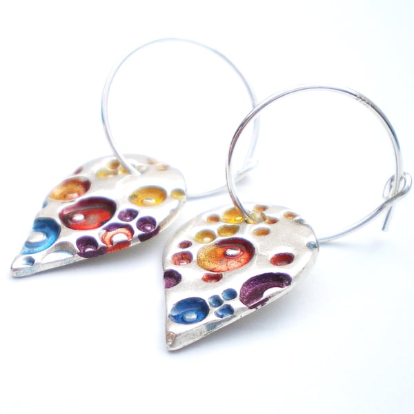 Silver Teardrop Hoop Earrings with Enamel