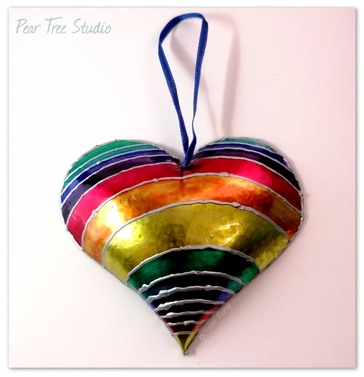 Handmade Metal Heart Decoration in Rainbow Colours. Made from a Coffee Tin.