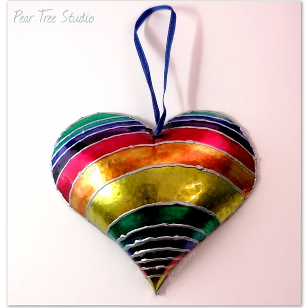 Handmade Metal Heart Decoration in Rainbow Colours. Made from a Coffee Tin.