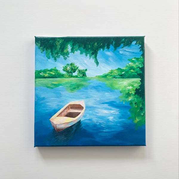 Original acrylic landscape painting with boat