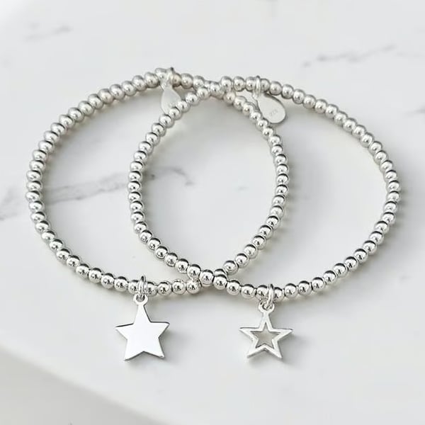 Sterling Silver Star Charm Stretch Bracelet Set 925