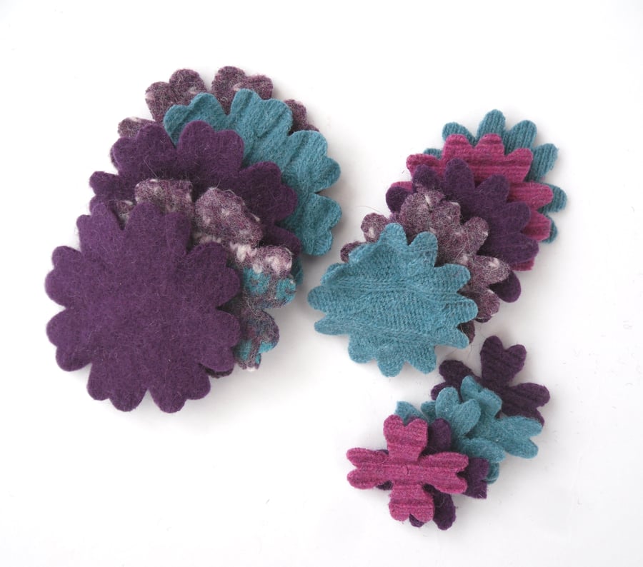 Colourful felt flower shapes made from old recycled wool sweaters