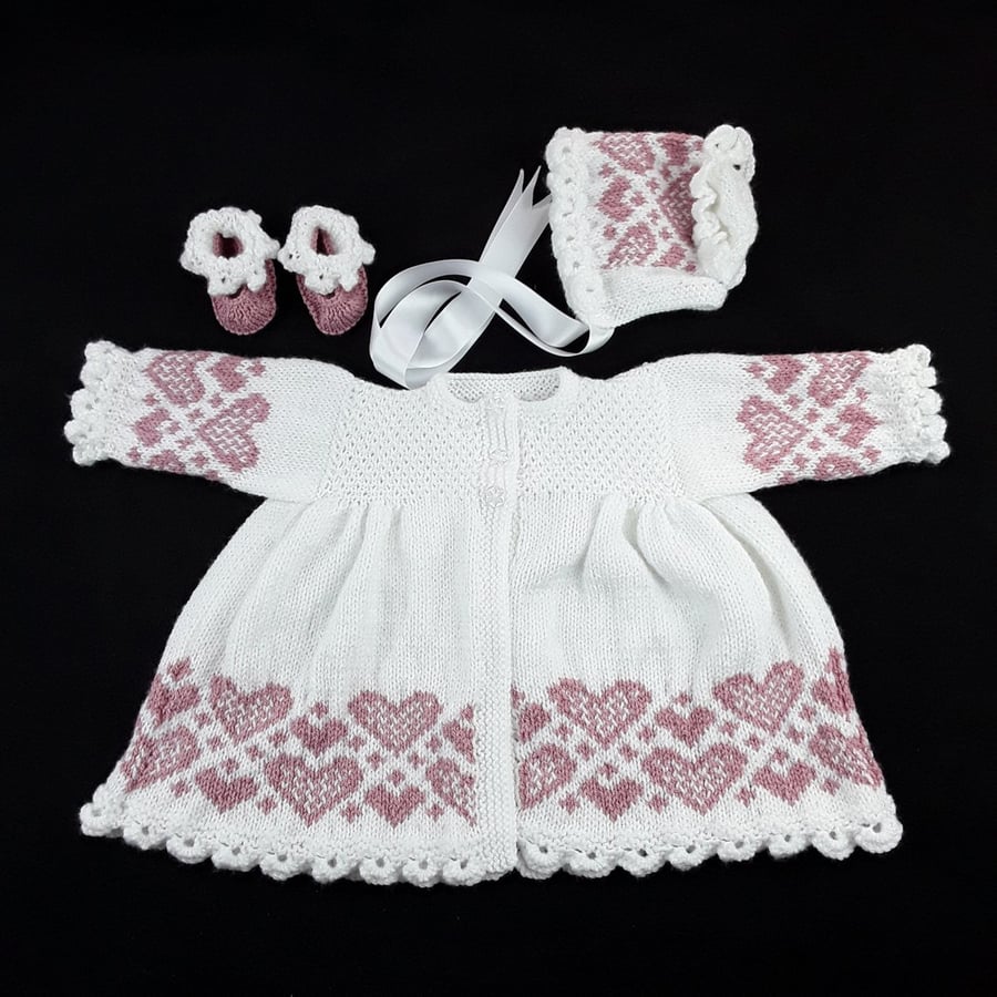 Hand knitted baby cardigan set, white with rose pink hearts, matching bonnet 