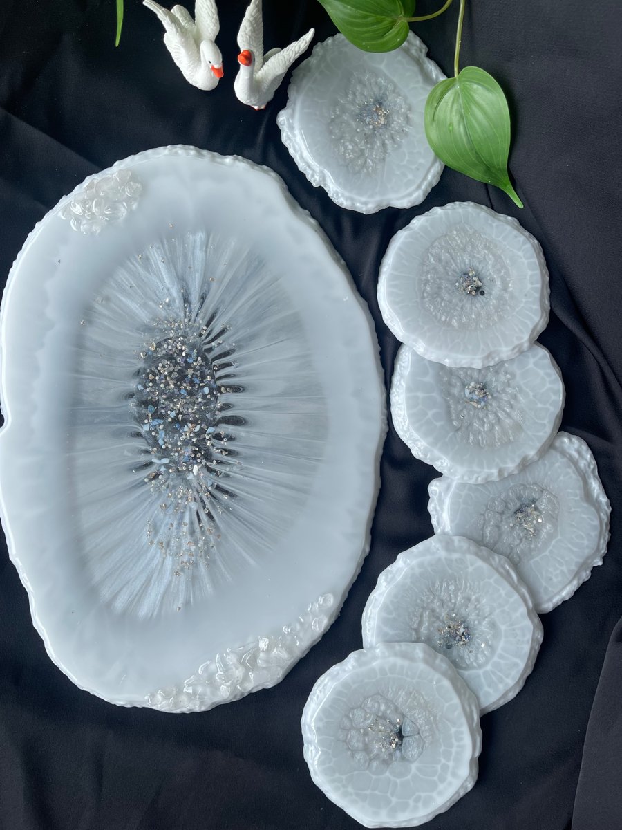 Luxury Resin Tray Set with 6 Coasters – White & Grey Handmade Home Décor Gift