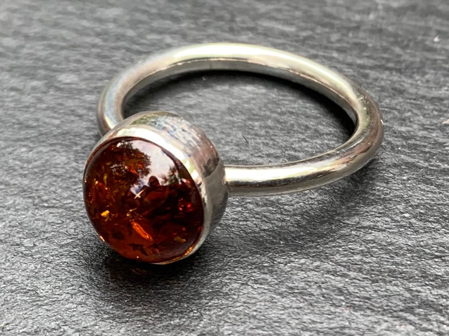 Handmade Baltic Amber and Sterling Silver Cabochon Ring
