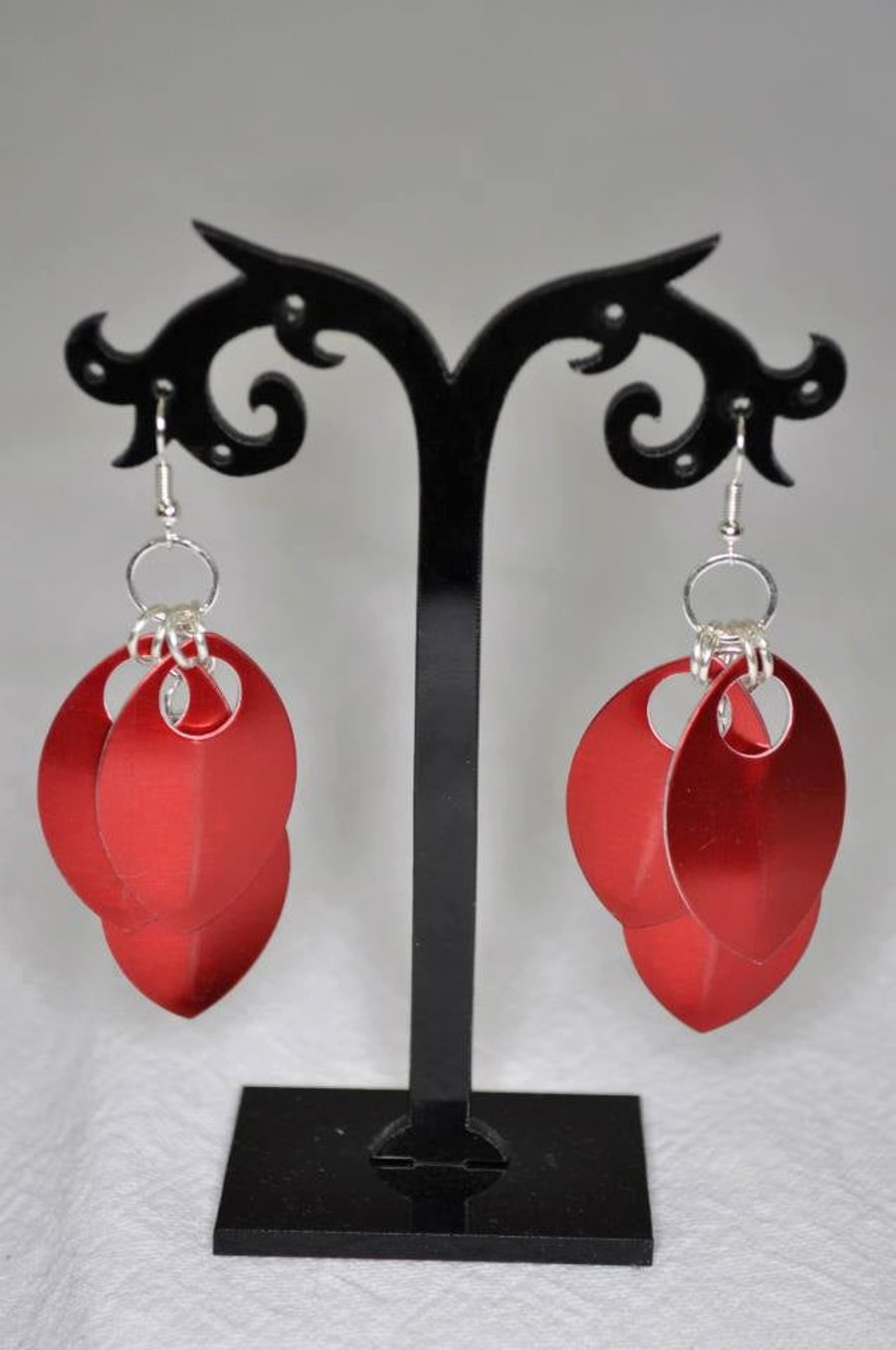 Red Statement Earrings, Aluminium Jewellery, Scale Maille Earrings
