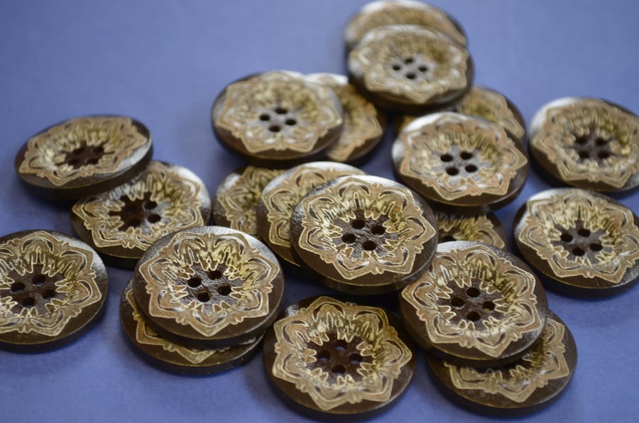 25mm Dark Brown and White Mandala Wooden Floral Buttons Wood Flower (DB4)
