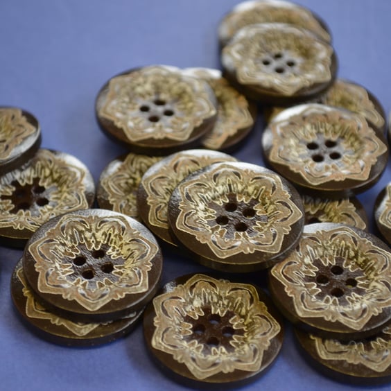 25mm Dark Brown and White Mandala Wooden Floral Buttons Wood Flower (DB4)