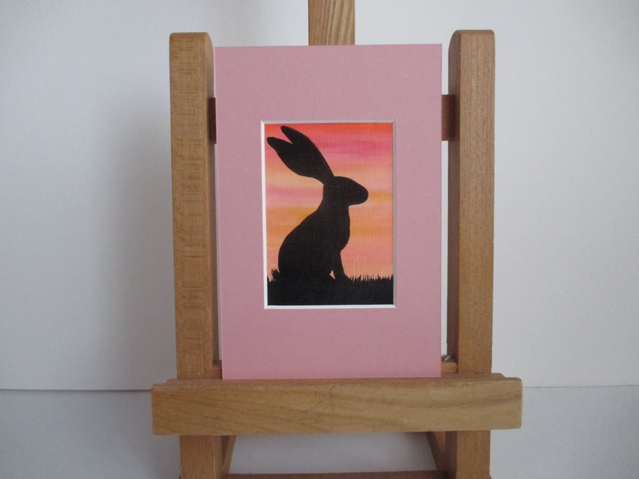 Bunny Rabbit ACEO painting Silhouette original art mounted ready to frame pink