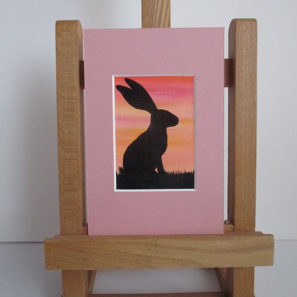 Bunny Rabbit ACEO painting Silhouette original art mounted ready to frame pink