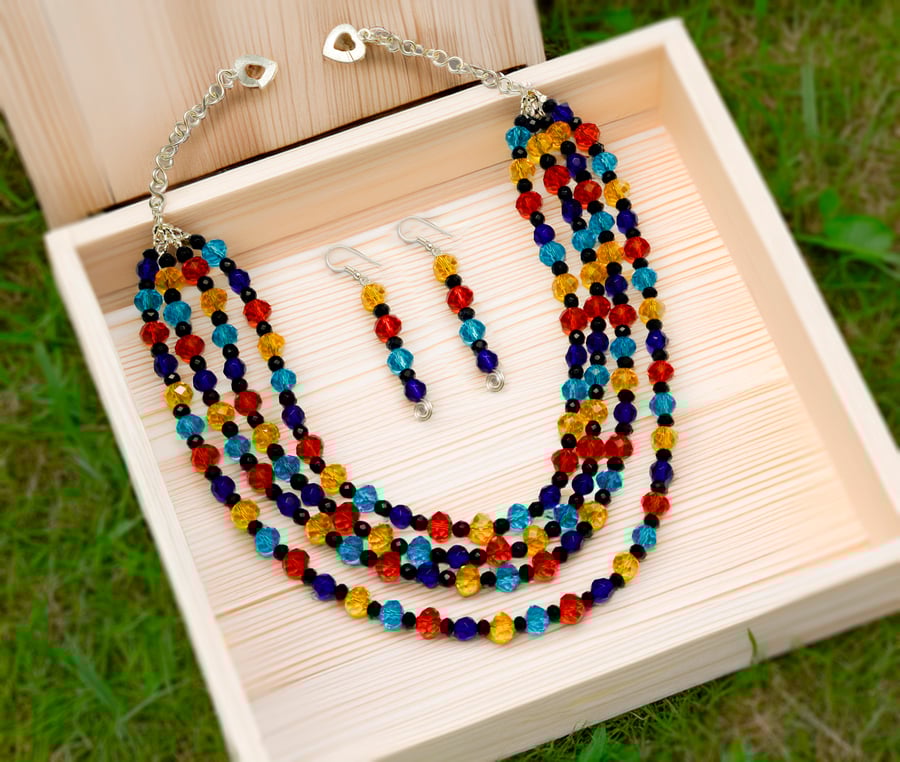 Rainbow Beaded Necklace and Earrings Set – Handmade Multicolour Jewelry set.