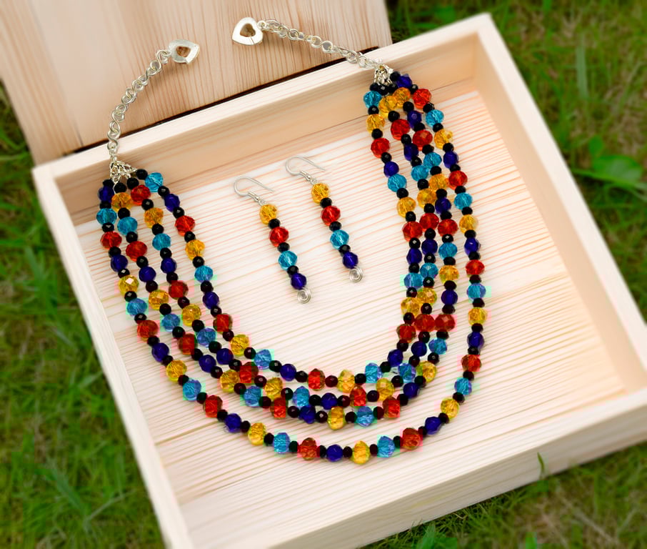 Rainbow Beaded Necklace and Earrings Set – Handmade Multicolour Jewelry set.