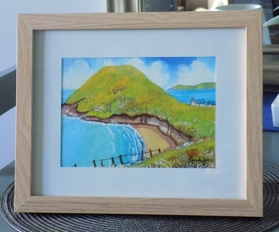 Mwnt Beach and Church, Cardigan Bay, Original Watercolour, in 9.5 x 7x5'' Frame