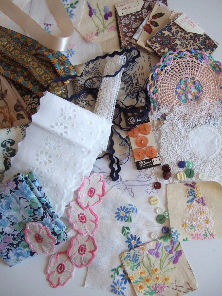 Pack of vintage fabrics and haberdashery sewing inspiration.
