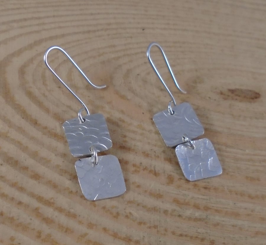 Sterling Silver Double Textured Squares Drop Earrings