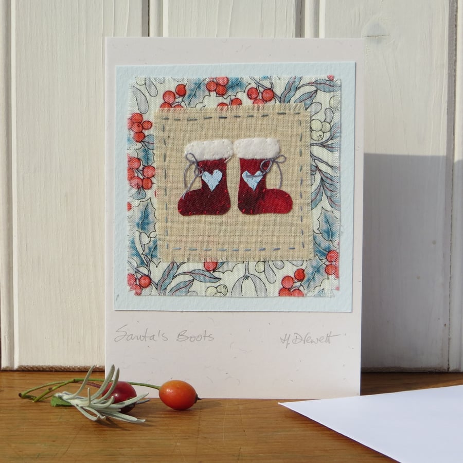 Santa's Boots! Miniature hand-stitched textile mounted on recycled card