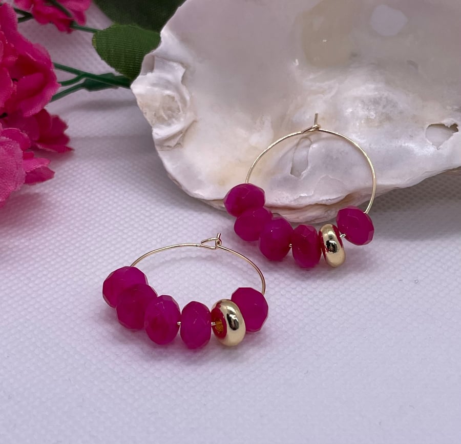 Gold plated hoops with fuchsia jade beads