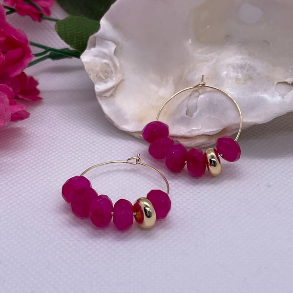 Gold plated hoops with fuchsia jade beads