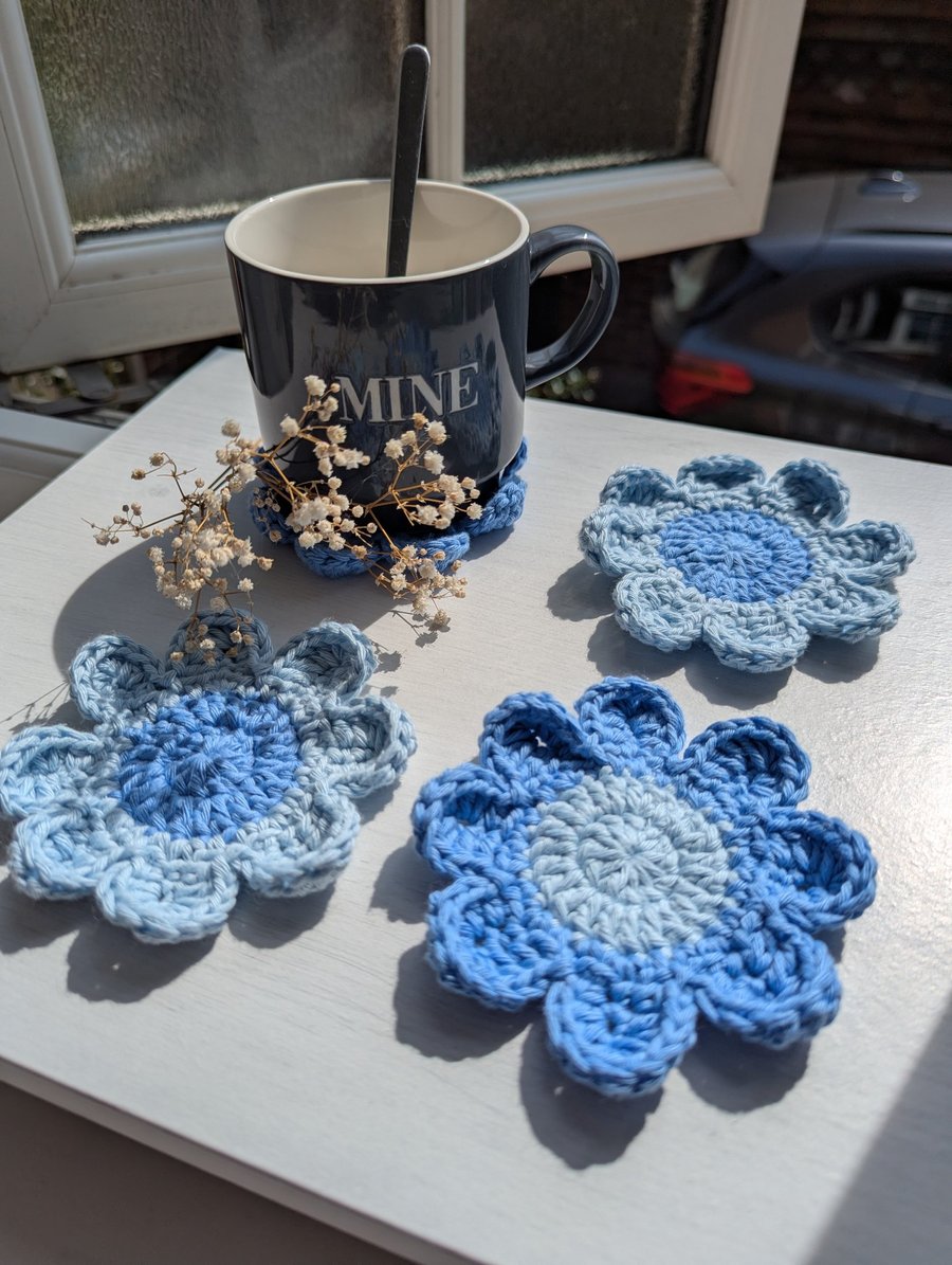 Crochet Coasters -  Light & Cornflower Blue  Retro Flowers 