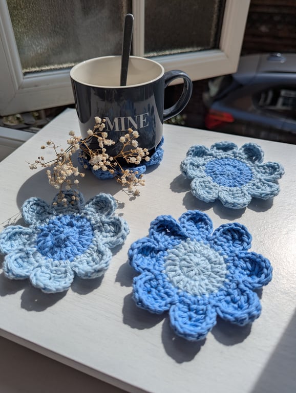 Crochet Coasters -  Light & Cornflower Blue  Retro Flowers 