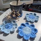 Crochet Coasters -  Light & Cornflower Blue  Retro Flowers 