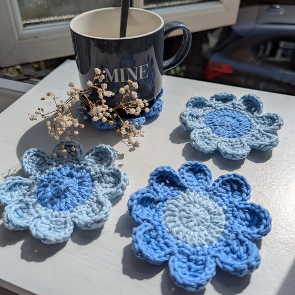 Crochet Coasters -  Light & Cornflower Blue  Retro Flowers 
