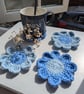 Crochet Coasters -  Light & Cornflower Blue  Retro Flowers 