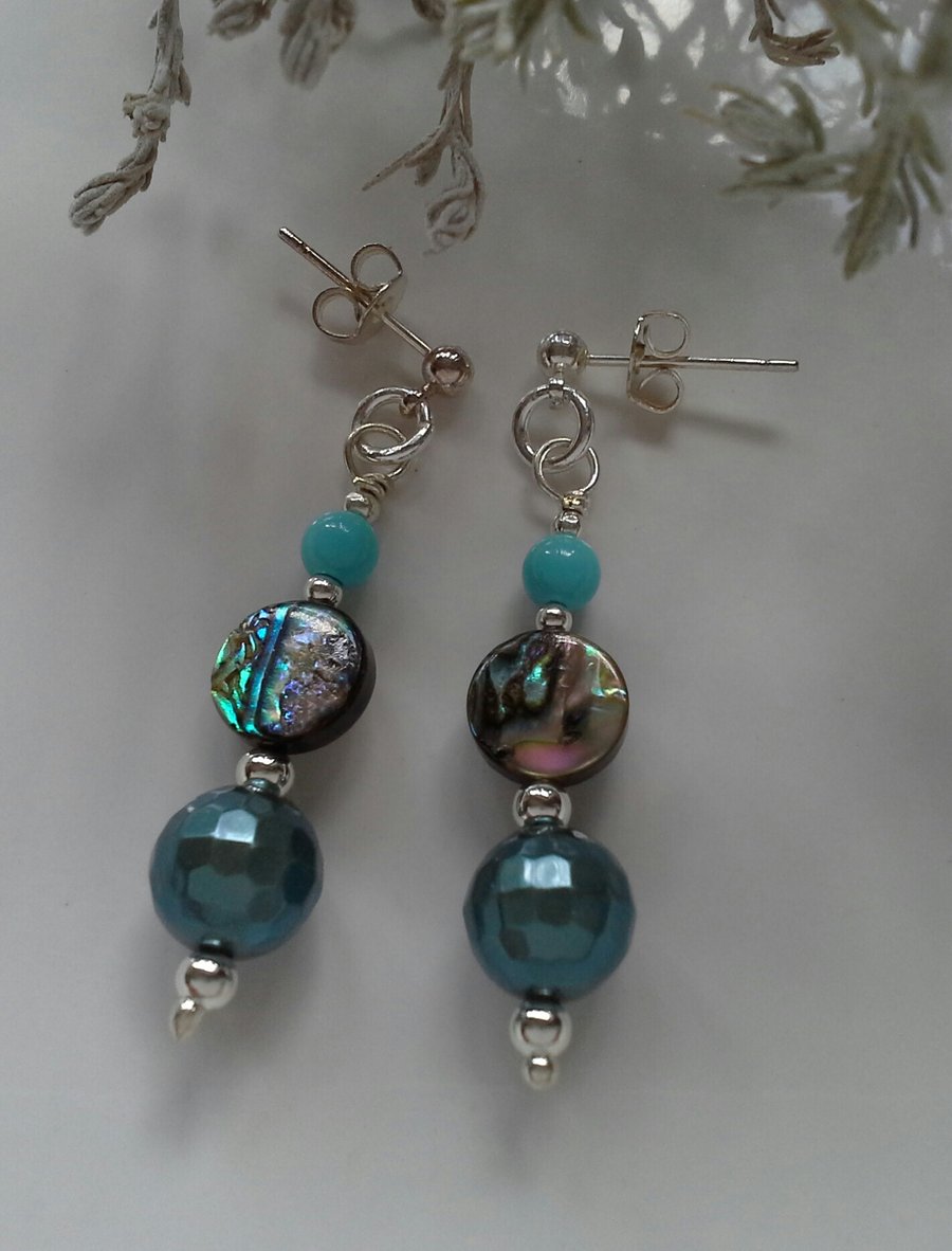 Abalone Shell, Howlite & Shell Pearls Stud Earrings  Silver Plate