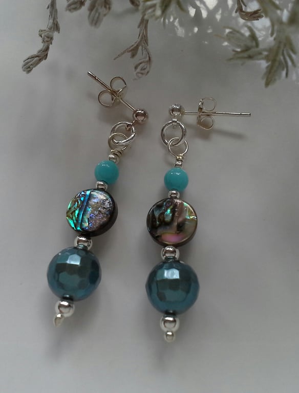 Abalone Shell, Howlite & Shell Pearls Stud Earrings  Silver Plate