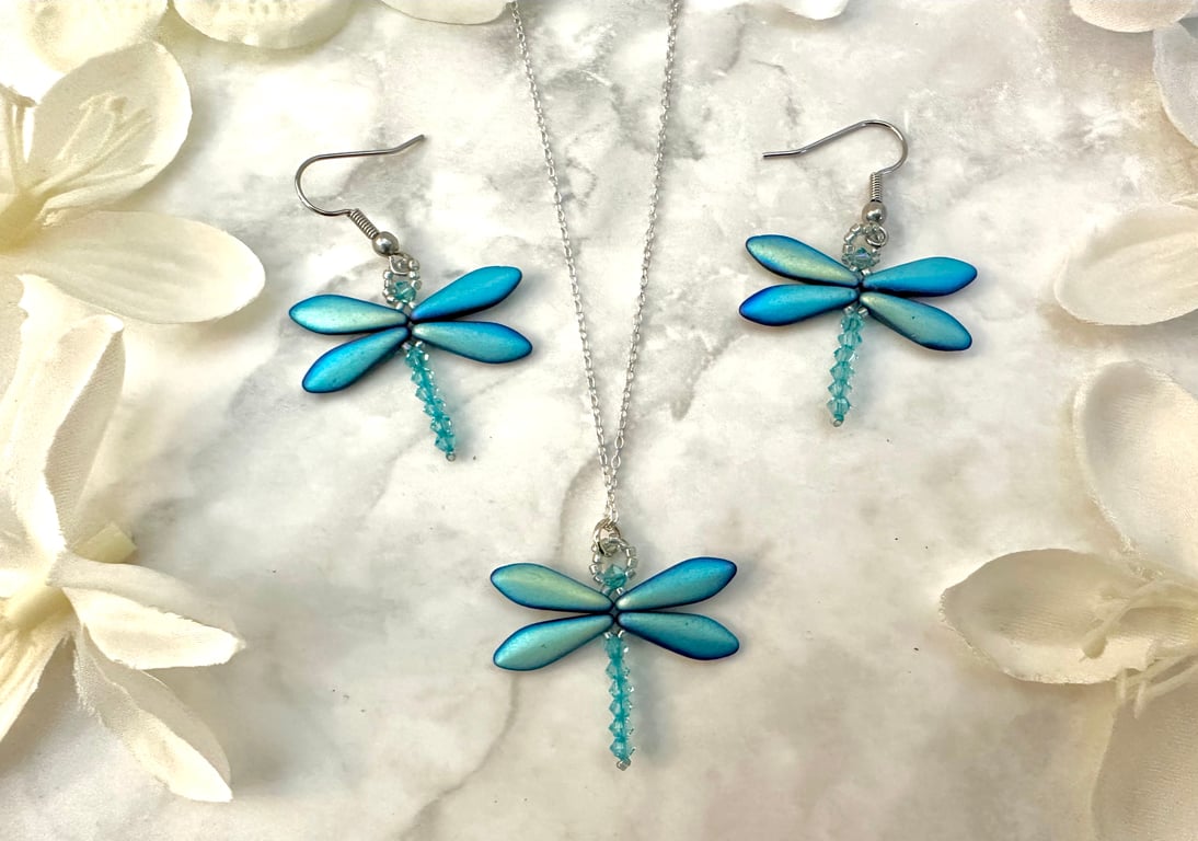 Dragonfly Necklace & Earring Set - Matt Black AB
