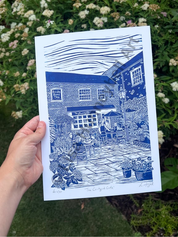 The Courtyard Café Limited Edition Lino Print in Blue