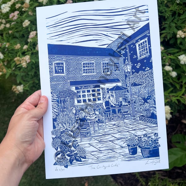 The Courtyard Café Limited Edition Lino Print in Blue